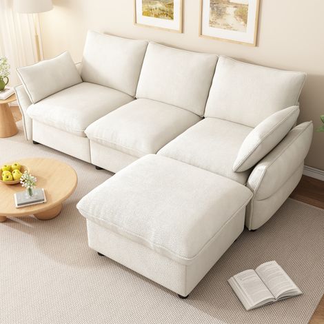 Canapé d’angle 3 places 222,5 × 154,5 × 76,5 cm - méridienne et 1 pouf - style moderne - chenille - Beige (1/5)