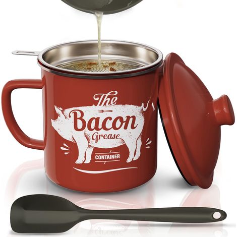 Pot à graisse avec passoire et spatule, grand pot de rangement pour huile de style campagnard de 1,3 litre (46 oz), compatible lave-vaisselle, rouge (1/5)