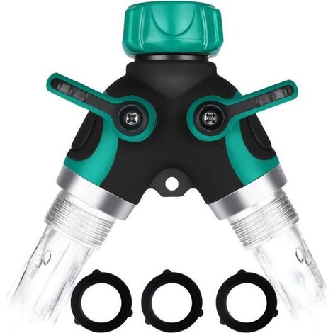 Splitter de Tuyau D'arrosage, 3/4 Alliage de Zinc Distributeur avec 2 Sorties Vannes, Convient pour Minuteries, Débit D'eau Réglable et Verrouillable avec 2 Connecteurs et 4 Rondelles (1/5)