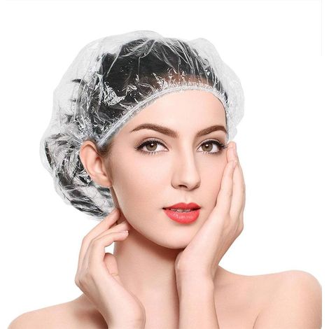 Gorros de ducha, 100 gorros de ducha desechables de plástico para el cabello, gorros de ducha de un solo uso, elásticos, impermeables, para salón, spa, viajes, uso doméstico, hotel, ducha (1/5)