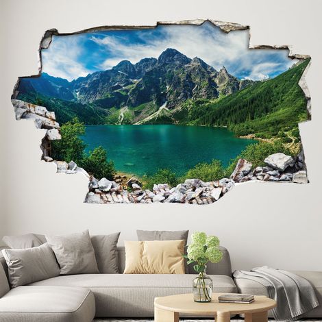 Stickers Trompe l'oeil trou dans le mur - Lac de Montagne - 90 x 144 cm