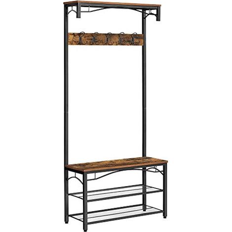 Portemanteau VASAGLE HSR45BX - Style rustique - 80 x 32 x 178,5 cm - Meuble d’entrée - Étagère à chaussures - Banc - Crochets - Armature en métal mat (1/5)