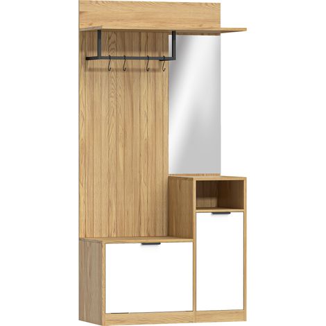 Mobile Appendiabiti da Ingresso 80x37x168 cm con Asta 4 Ganci Panca con Scarpiera e Armadietto in MDF Rovere e Bianco (1/5)