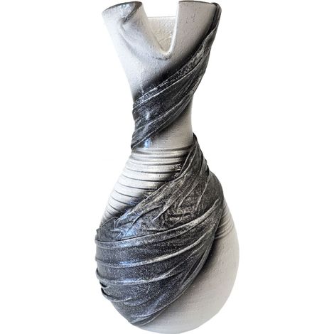 Vase artisanal drapé de tissus blanc et gris pailleté 30 cm