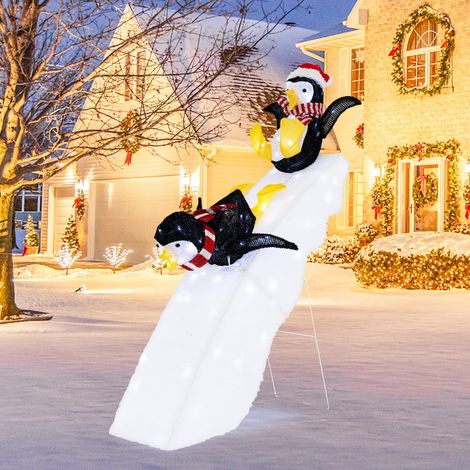 COSTWAY Decorazione Festiva di Pinguino su Ghiaccio di 120 CM, Decorazione Natalizia Illuminata con 2 Pinguini Scivolanti, Scivolo Innevato e 130 Luci LED, per Casa, Giardino e Negozio (1/5)