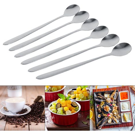 Lot de 6 cuillères à café élégantes en acier inoxydable à long manche, idéales pour latte, glace, sundae, café et soupe. Neuves. (1/5)