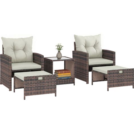 Ensemble jardin 5 pièces rotin acier 2 poufs 2 chaises table basse 2 niveaux marron crème