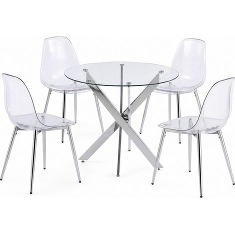CHICFURN Set tavolo da pranzo 5 pezzi trasparente e cromo, 1 tavolo + 4 sedie, stile moderno (1/5)