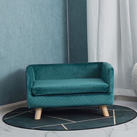 PawHut Hundesofa-Bett, skandinavisches Design, weiches Kissen, Beine aus Massivholz, Maße: 64 x 45 x 36 cm, entenblauer Samt