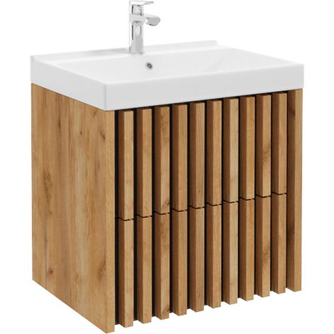 Waschtischunterschrank 60 cm inkl. Waschbecken LUCCA-107 in Eiche Nb. mit Lamellenfronten, B/H/T: ca. 61/62,5/46 cm (1/5)