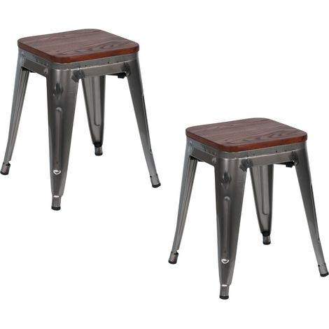 2er-Pack stapelbare, niedrige Industriehocker aus Stahl und Holz, 38 x 38 x 46 cm, Thinia Home