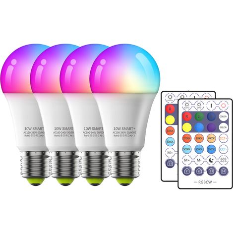 Ampoules LED intelligentes 10W Wi-Fi 2700K-6500K RGBW E27 avec minuterie et commande vocale pour la décoration de fêtes à la maison (lot de 4 ampoules + 2 télécommandes) (1/5)