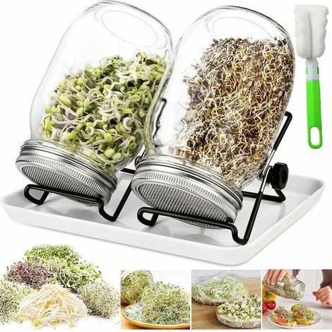 Sprouting jars, 750 ml glass sprouting jar with sprouting glass, 2 sprouting grids, 2 supports, 1 sprouting tray, sprouting jar for broccoli, water, celery, alfalfa, green beans (1/5)
