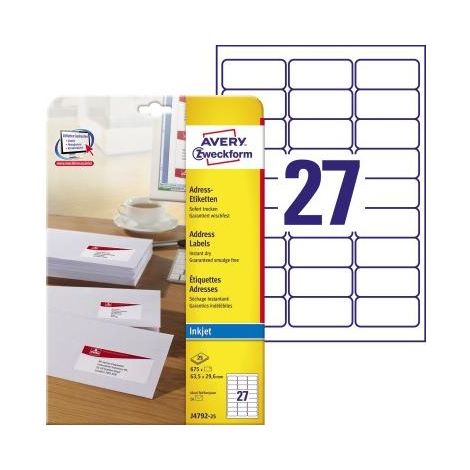 Avery Zweckform J4792-25 Adress-Etiketten, A4, 63,5 x 29,6 mm, 25 Bogen/675 Etiketten, weiß (1/5)