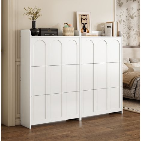 Schuhschrank 140x25x120 cm weiß aus MDF mit 6 Klapptüren, Schublade und viel Stauraum (1/5)