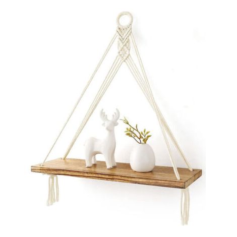 BUNTHAUS Étagère murale suspendue en macramé avec tablette en bois – Style bohème – Modèle B
