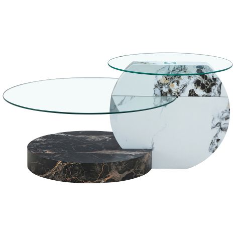 Table basse 2 niveaux en verre trempé  Design minimaliste moderne Structure MDF effet marbre noir/blanv