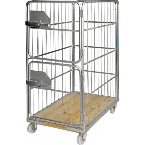 Kongamek Rollcontainer verzinkt 1200x750x1700mm mit Holzboden, 4 Gitterwänden 100x380mm und 2 halb öffnende Türen ohne Bremse