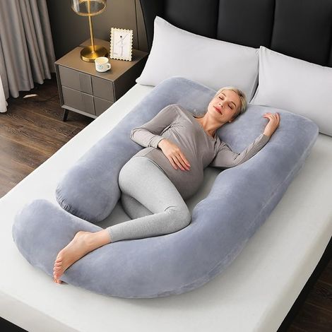 Oreiller de maternité en forme de U - 1 unité - Coton et velours - Soutien ergonomique - Grossesse et allaitement - Gris