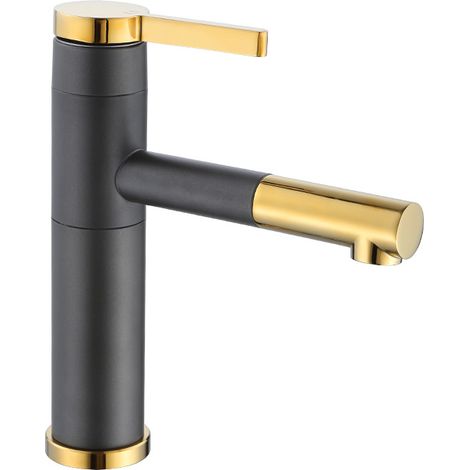 Washbasin tap, 360° swivel spout, mixer tap, hot and cold water taps, black and gold (1/5)