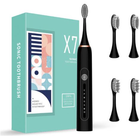 Brosse à dents électrique sonique à 6 vitesses et 4 têtes, entièrement automatique, rechargeable, brosse à dents étanche à poils souples, domestique pour adultes et étudiants (noir) (1/5)