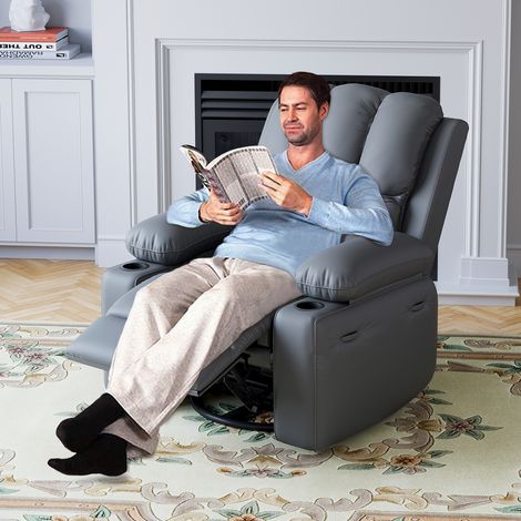 Fauteuil relax inclinable XXL en PU - Pivotant 360° & à bascule - Commande manuelle, massage + chauffage - Assise large 56 cm - Porte-gobelet + poche latérale - Couleur: FN45 Gris (1/5)