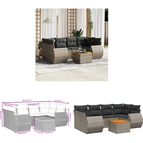 7-tlg. Garten-Sofagarnitur mit Kissen Grau Poly Rattan - Gartenmöbel - Esstischgarnituren - Outdoor Möbel - Lounge Set - Rattan Gartenmöbel - Home & Living (1/3)