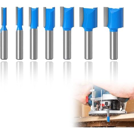 7-Piece Straight Router Bit Set, 8mm Double-Flute Grooving Bit, Milling Drill Bits for Woodworking, Tungsten Carbide Double Flute Straight Router Bits (1/4)
