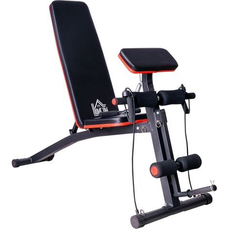 Banc de musculation pliable multifonction avec dossier réglable 7 niveaux, machine extension jambes et bande de résistance rouge. (1/5)