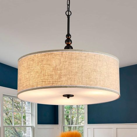 Drum Chandelier, Drum Pendant for Dining Room, D50 x H20 cm, 59 Inch Adjustable Chains, 3 E27 Sockets, Beige Linen Fabric Shade and Black Stem (1/5)