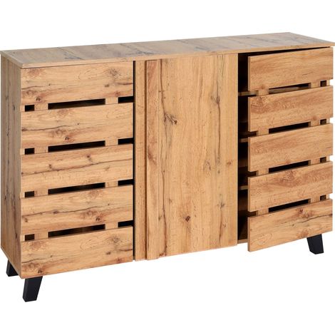Sideboard HWC-M46, Commode Armoire Buffet, 3 portes 8 compartiments de rangement 88x120x34cm, teinte naturelle (1/5)