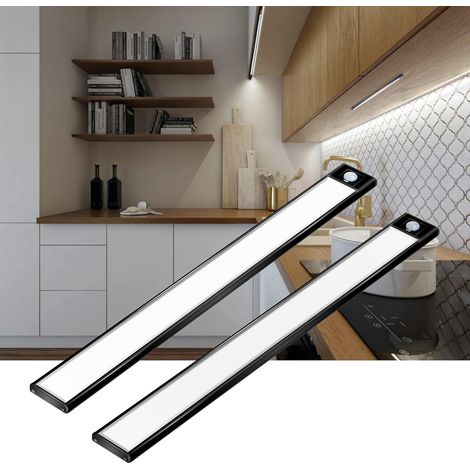 Unterbau-LED-Beleuchtung mit Bewegungsmelder, Set mit 2 LED-Leuchten (6000K, weißes Licht), ultradünne magnetische Schrankleuchten, kabelloser Akku