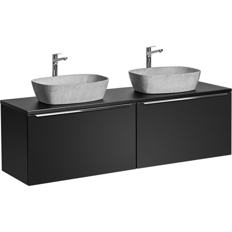 Meuble Double Vasques effet Pierre à poser L 160 cm - Noir et poignées argentées chromées - Rosario Black - Livraison gratuite