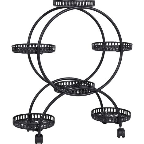 Support de Plantes, Design à 6 Pots, Roues Verrouillables, noir, Grand (1/2)