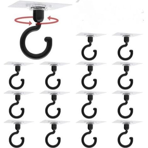 15 Pièces Crochet Adhésif Plafond Crochet Adhésif Rotatif à 360°Crochet Plafond Sans Trou avec Raclette Convient pour Salles de Bains Cuisines,Maximum 3KG(Noir) (1/5)