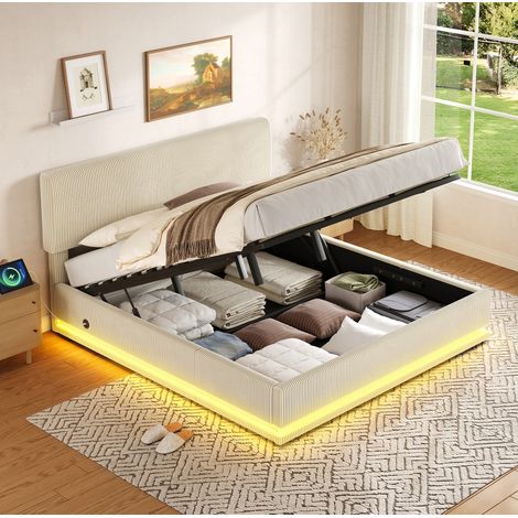 Letto imbottito in tessuto corduroy beige 180x200 cm con LED, USB-C, testiera regolabile e rete a doghe (1/5)