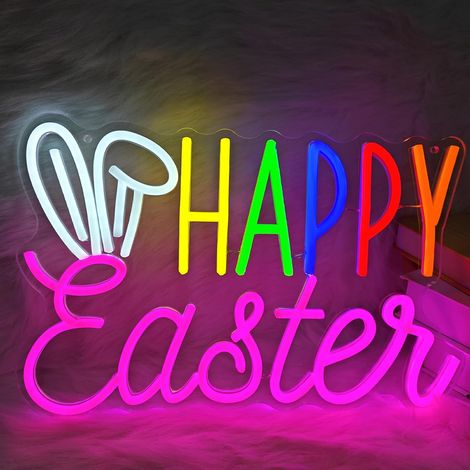 Enseigne lumineuse néon « Joyeuses Pâques » pour décoration murale, oreilles de lapin de Pâques, enseigne LED néon pour fête de Pâques, chambre, bar, enseigne néon lapin - 38,1 x 25,3 cm (1/5)