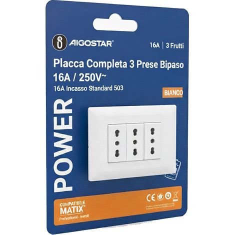 Aigostar Placca Placchetta Completa 3 Posti 3 Prese Bipasso 16a Incasso 503