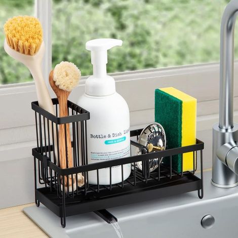 Porte Evier Cuisine,Organisateur Evier Cuisine,Rangement Pour Éponge,Support Eponge evier,Porte Éponge avec Plateau D'égouttage Amovible Sink Caddy Kitchen Organizer (1/5)