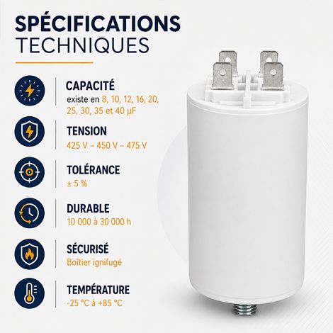 Condensateur Permanent Double Faston pour Moteur Monophasé - 425 à 475 V AC - Condensateur électrique - 40 uF -