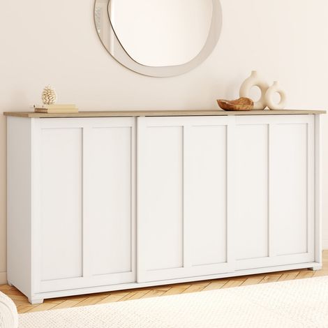 Aparador JANGO 160 cm con 3 puertas correderas blancas y encimera de madera