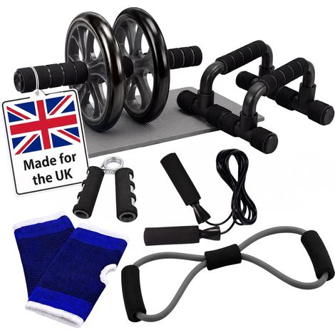 Relaxdays Fitness Set, 9-piece, ab roller, push-up bars, hand gripper, skipping rope, resistance band, knee mat, black