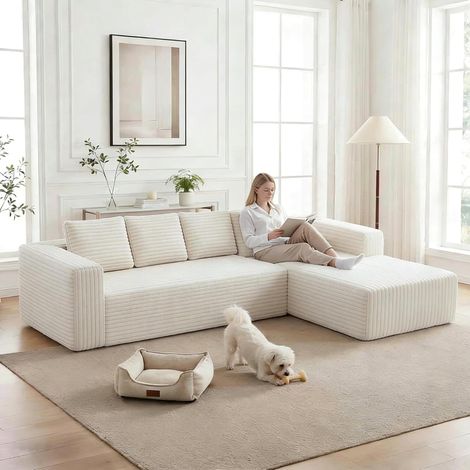 Canapé d’angle modulable avec chaise longue, canapé moderne à assise profonde, tissu velours côtelé beige, sans assemblage, pour salon ou chambre (1/5)
