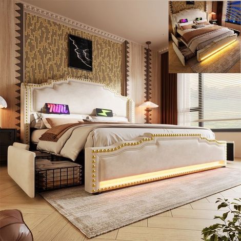Lit coffre rembourré - Beige - 140x200 cm - 4 tiroirs - LED intégrées - 2 places (1/5)