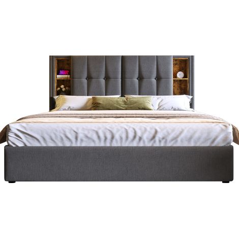 CHICFURN Lit double 180x200 cm avec charge sans fil, ports USB et USB-C, tête de lit avec rangements, cadre rembourré gris en tissu, coffre de rangement (1/5)