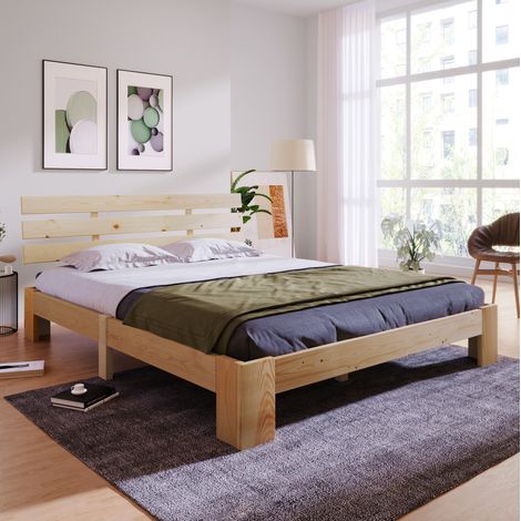 DESVIAE Lit double en pin massif avec tête de lit et sommier à lattes rangement sous lit 140 x 200 cm couleur naturelle (1/5)