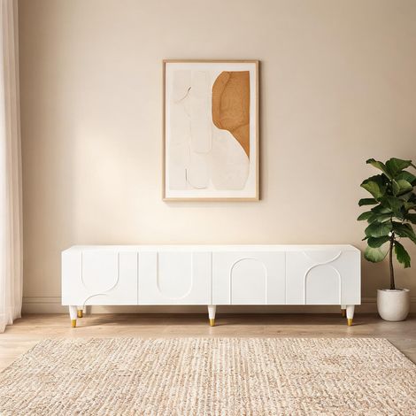 Meuble TV blanc avec rangements multiples et pieds en bois massif (1/5)