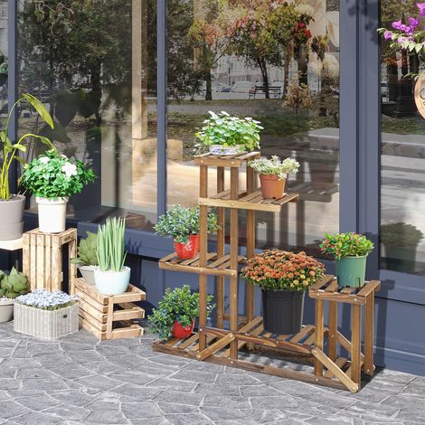 Supporto per piante Outsunny, scaffale a 6 ripiani, scala per fiori a quattro livelli, legno massello carbonizzato, 98 x 28 x 96,5 cm