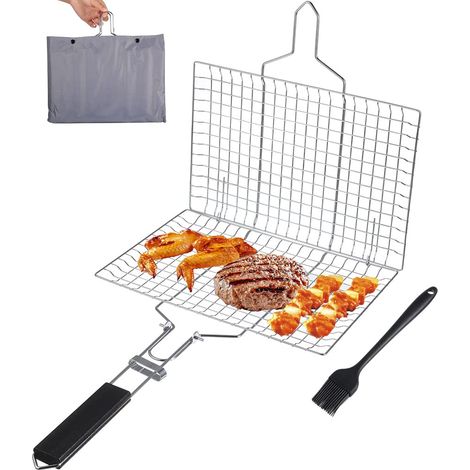 Grillkorb aus Edelstahl mit Griff, Bürste und Aufbewahrungstasche – 32 x 22 cm (1/5)