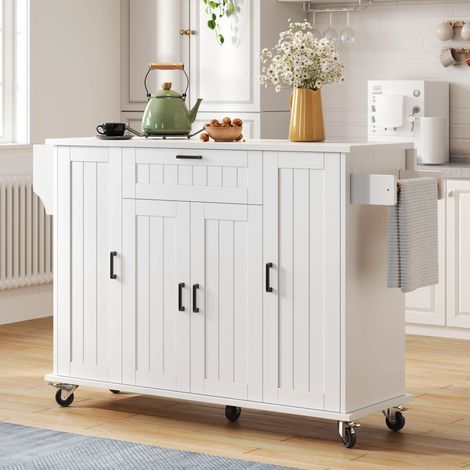 Desserte de Cuisine avec 4 Portes et 1 Tiroir, Plateau Rabattable, Porte-Serviettes et Roulettes, en MDF, 120x45x95 cm, Blanc (1/5)